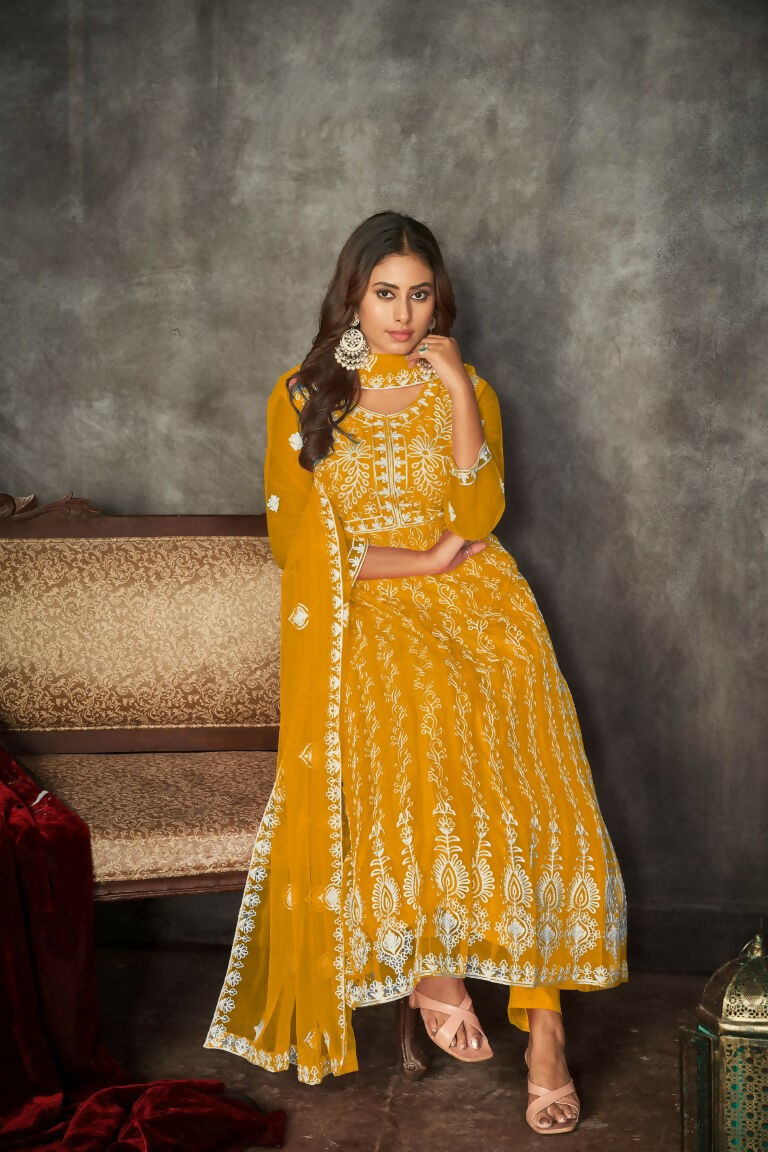 Yellow Net Embroidered Anarkali Kurta Pant Set With Dupatta