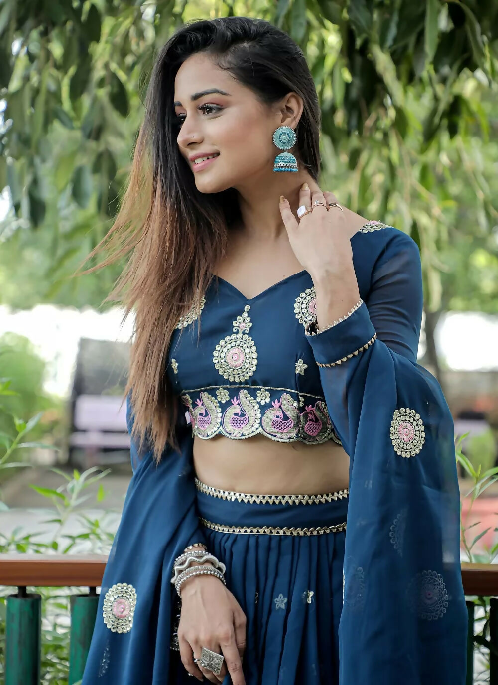 Blue Georgette Sequins and Zari Embroidered Lehenga Choli Set