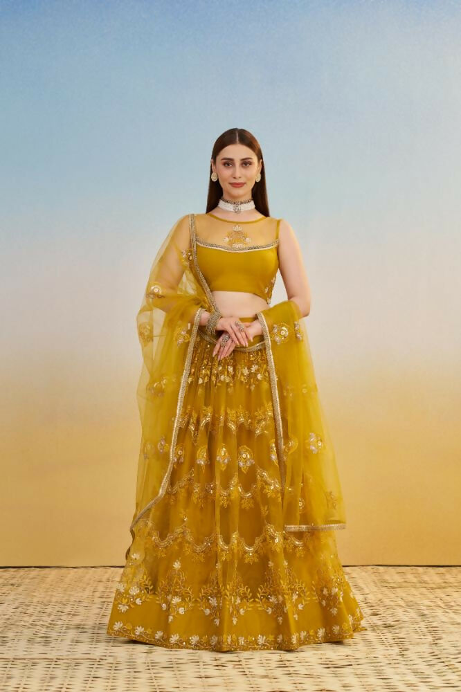 Mustard Yellow Butterfly Net Lehenga with Sequence Embroidery