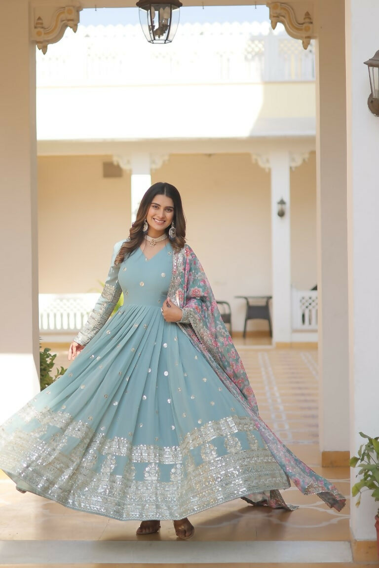 Sky Blue Faux Georgette Anarkali Dress with Sequins & Zari Work