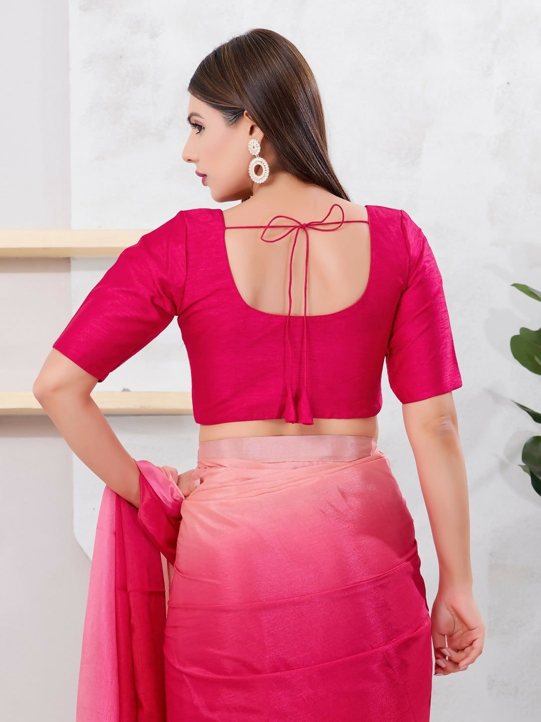 Tomato-Pink Dupion Silk Elbow-Length Front Open Blouse