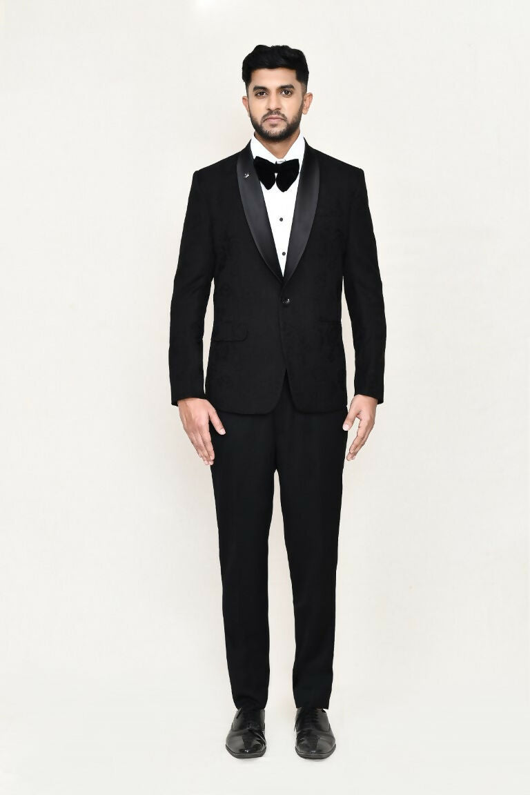 Black Satin Silk Coat Suit Set with Shirt and Bow Tie
