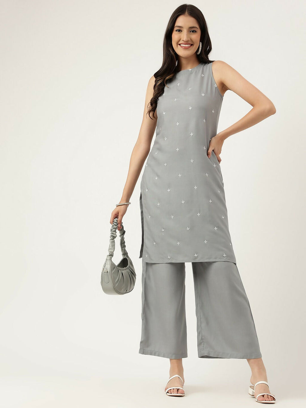 Grey Rayon Straight Kurta and Bottom Set with Embroidered Work