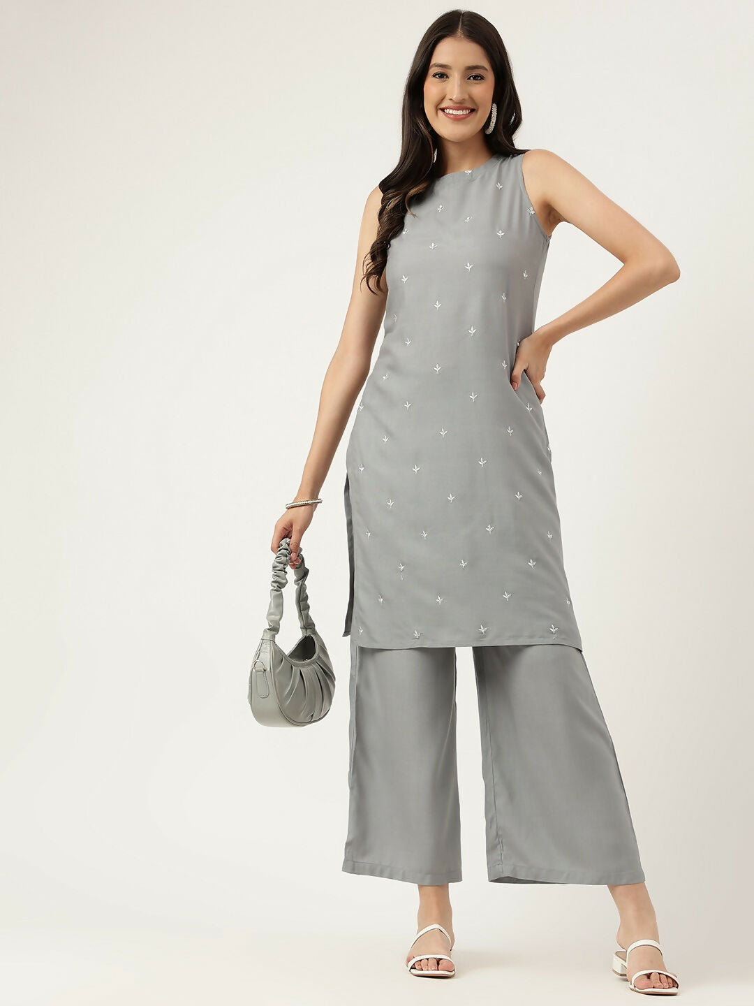 Grey Rayon Straight Kurta and Bottom Set with Embroidered Work