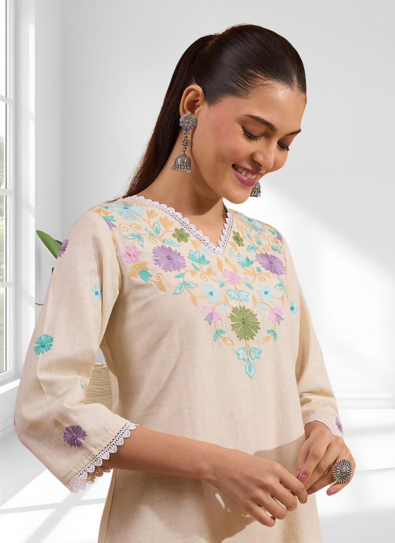 Cream Linen Embroidered V-Neck Cord Set for Semi-Formal Events