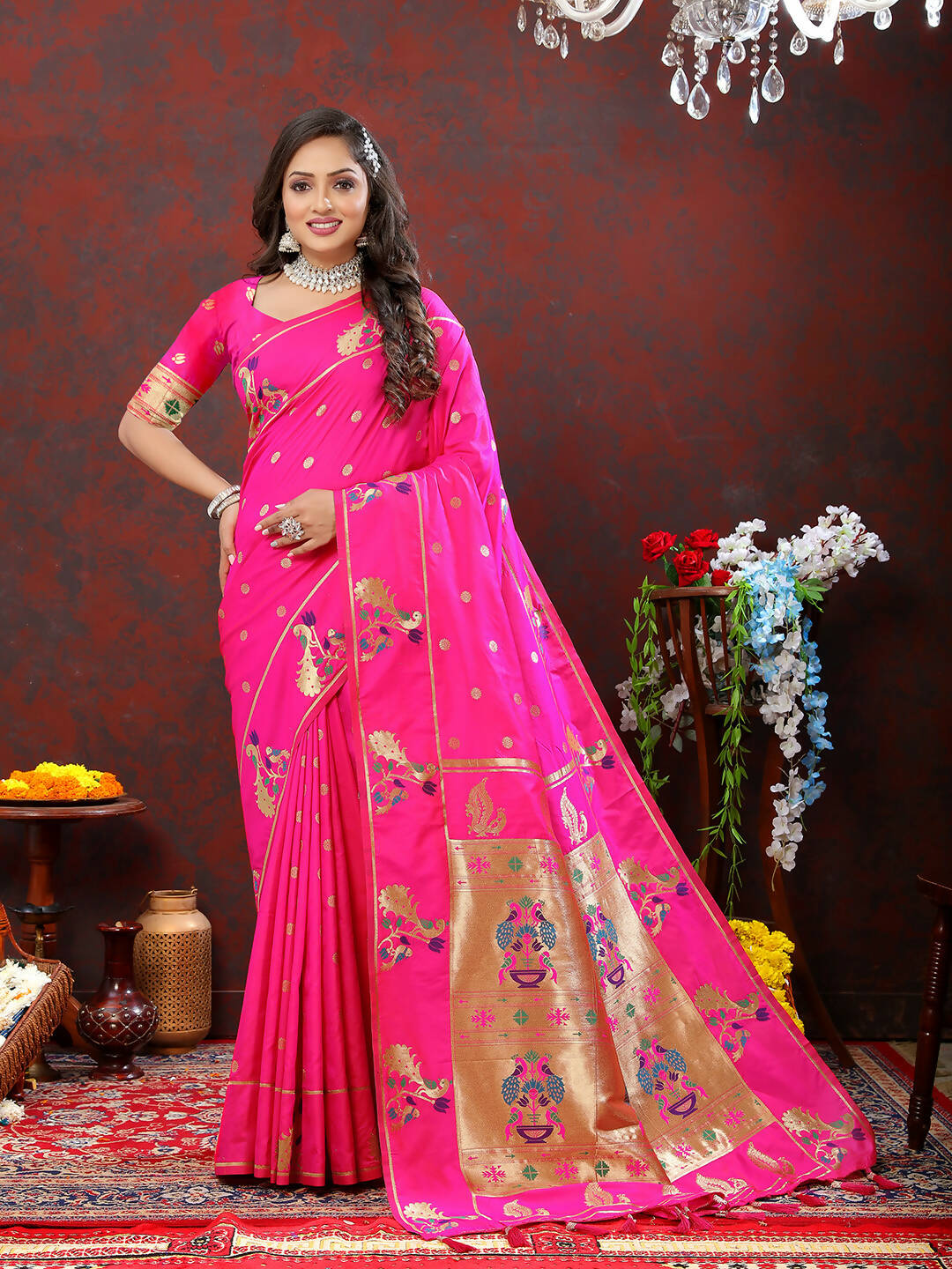 Lorenvalley Fashion Magenta Soft Paithani Silk Woven Design Gold Zari Meenakari Weaving Saree