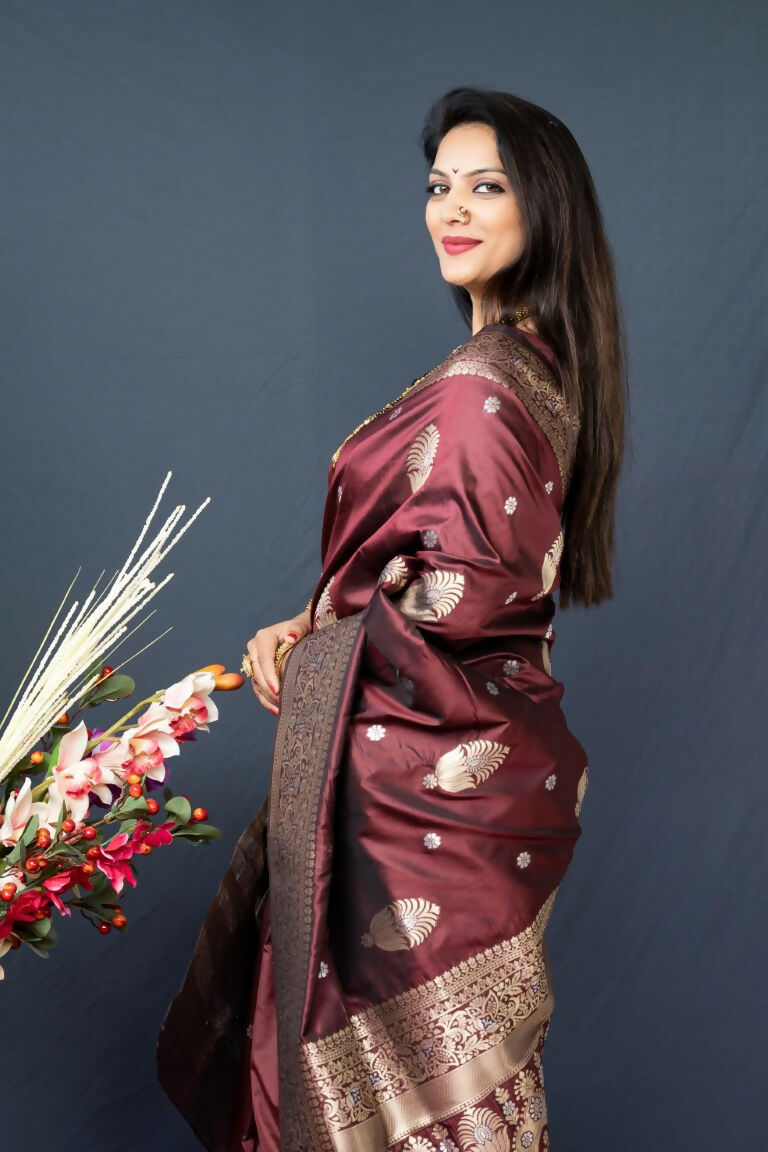 Brown Paithani Silk Saree with Zari Woven Border and Blouse