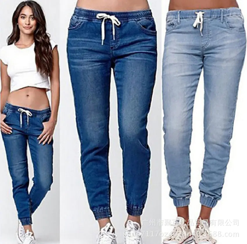 Women's Light Wash Denim Jogger Pants with Drawstring Waist - Image 26