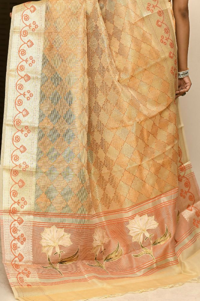 Light Orange Kota Tissue Saree with Embroidery & Appliqué Anchal