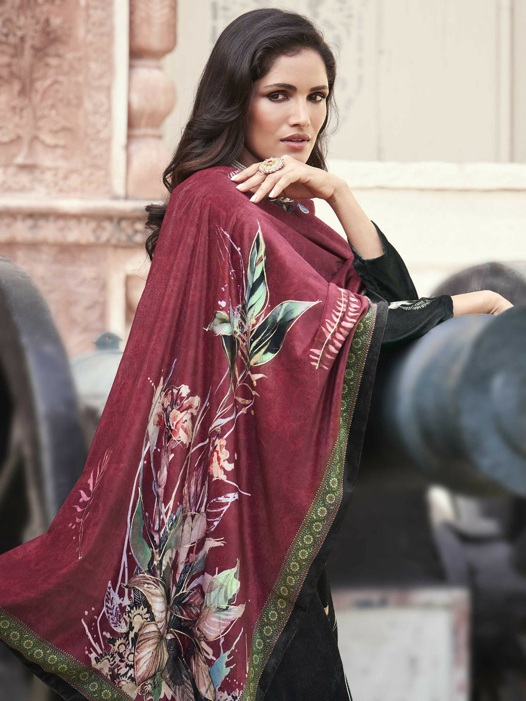 Women's Black Velvet Floral Digital Printed Straight Kurta Set