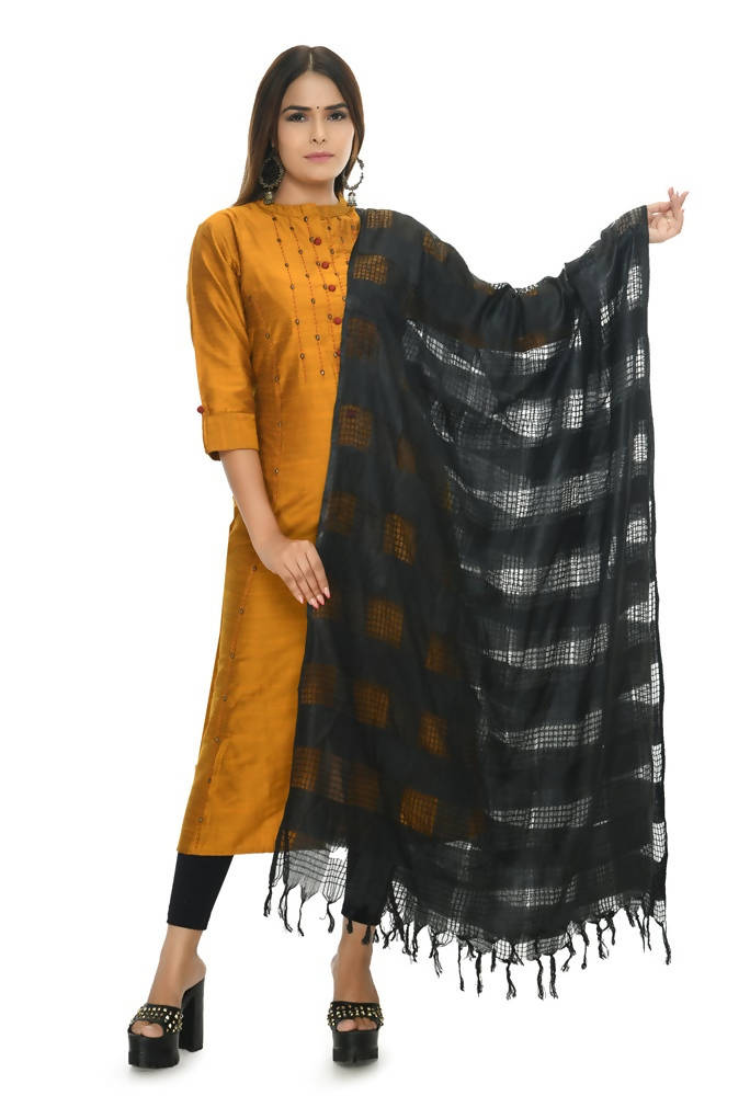 Black cotton dupatta with self-window pattern, 2.40m length.