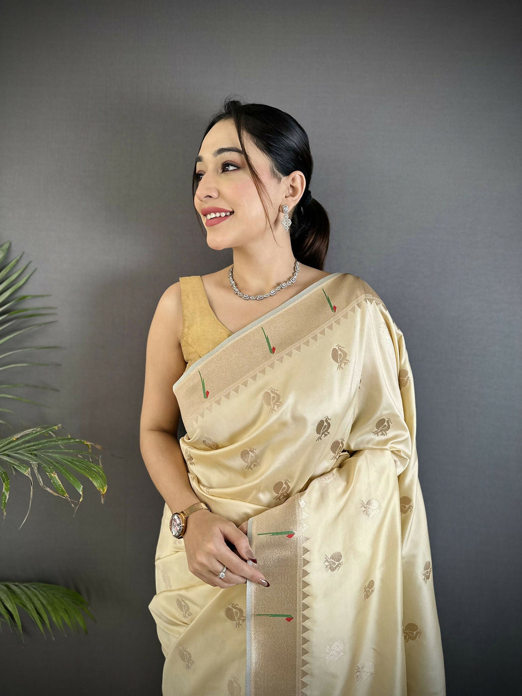 Off-White Peacock & Floral Motif Soft Silk Kanchipuram Saree