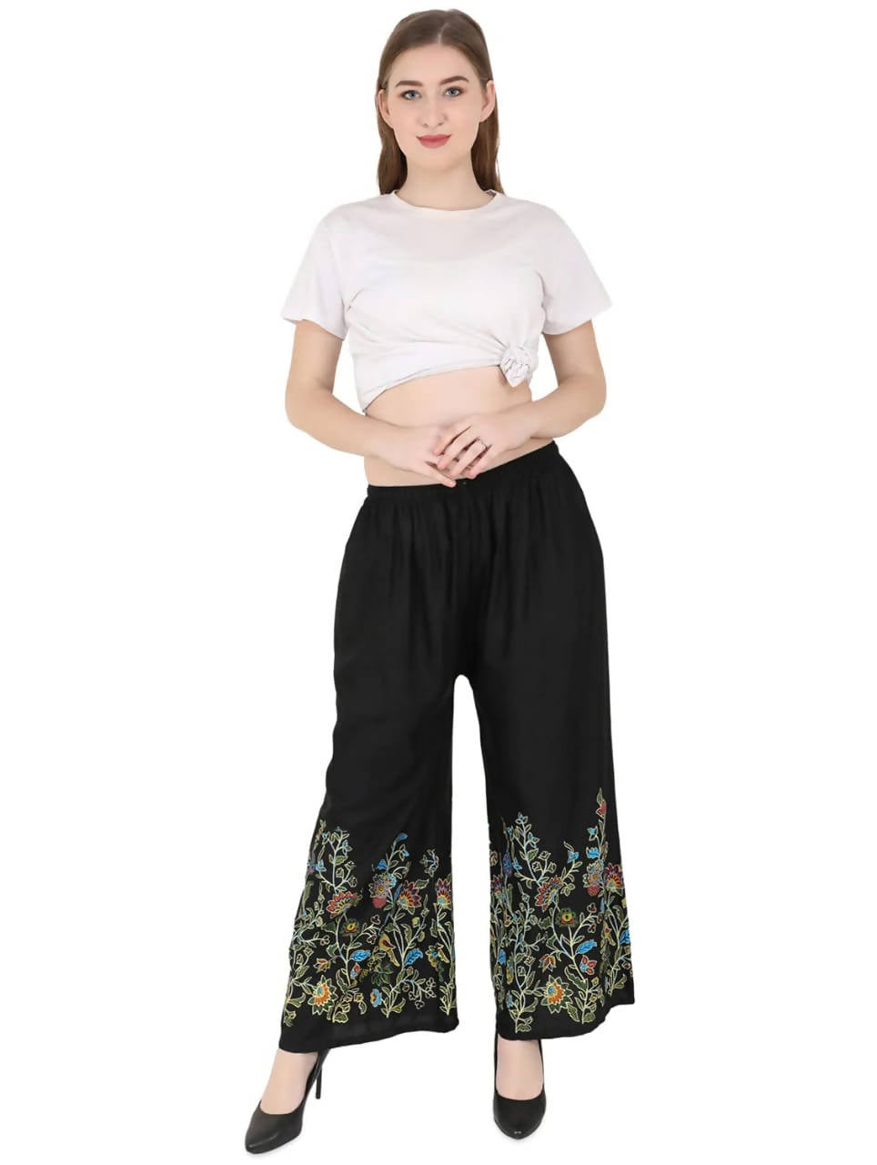 Black Floral Design Palazzo Pants - Elegant Wide Leg Trousers