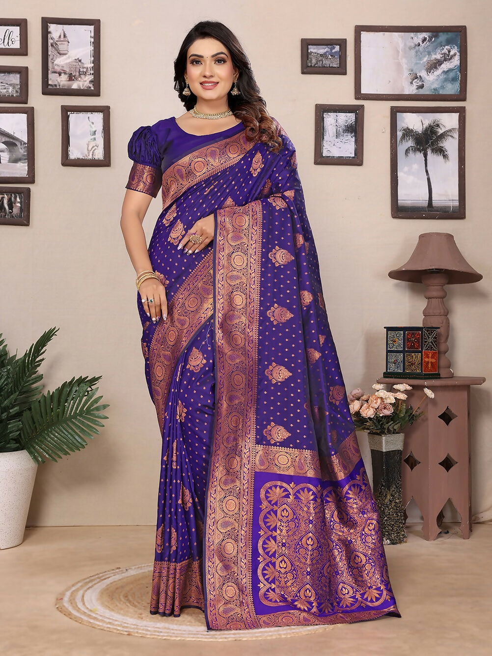Elegant navy blue Banarasi woven soft silk saree