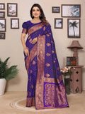 Elegant navy blue Banarasi woven soft silk saree