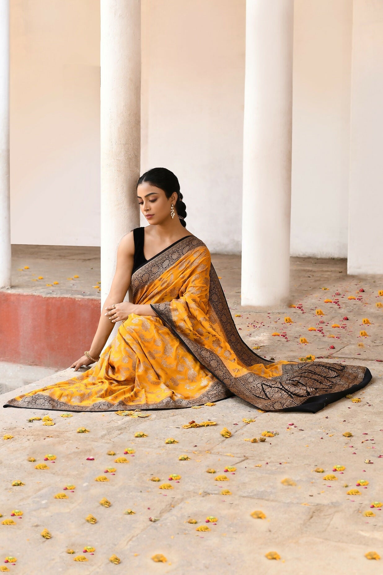 Yellow Crepe Chiffon Pure Handloom Banarasi Silk Saree