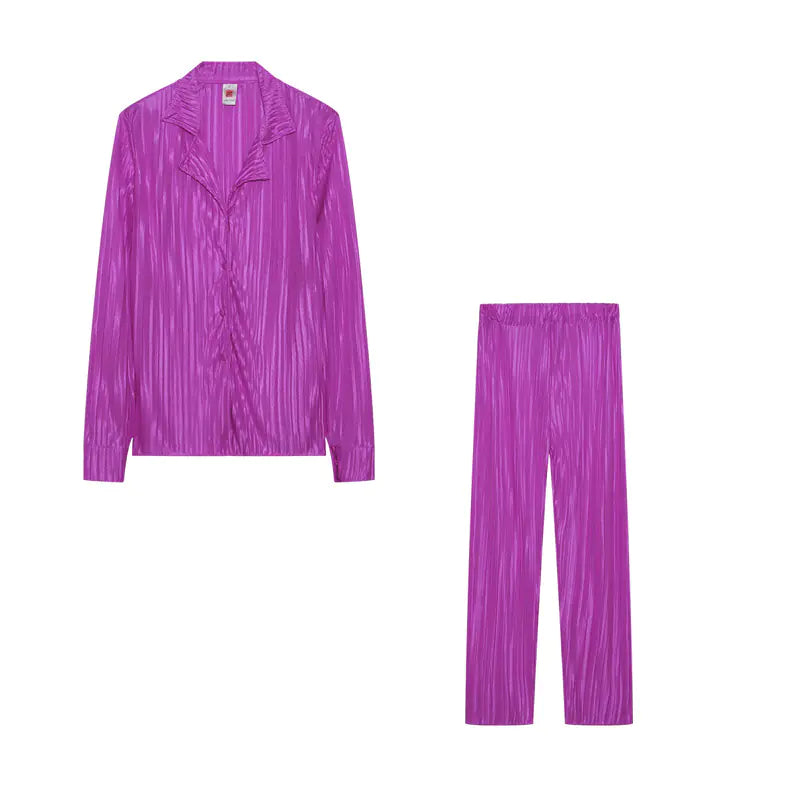 Women's Pleated Casual Button Down Shirt and Wide Leg Pant Set - Image 9