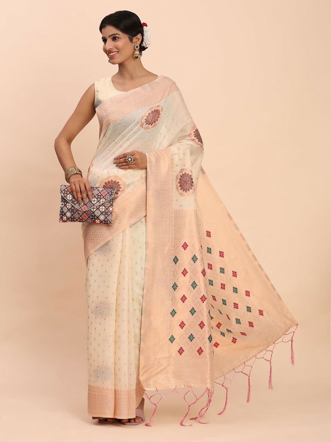 Shree Shyam Fashion Linen Cotton Off White Saree