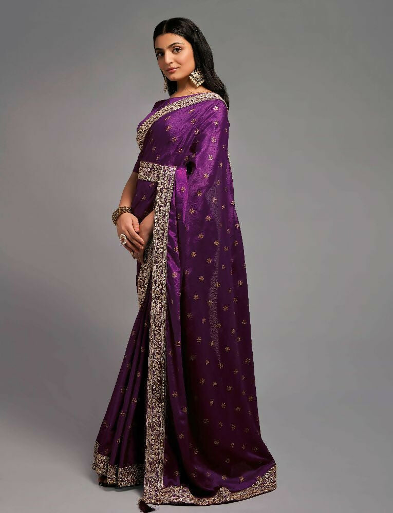 Wine Chinon Embroidered Lace Saree with Matching Blouse