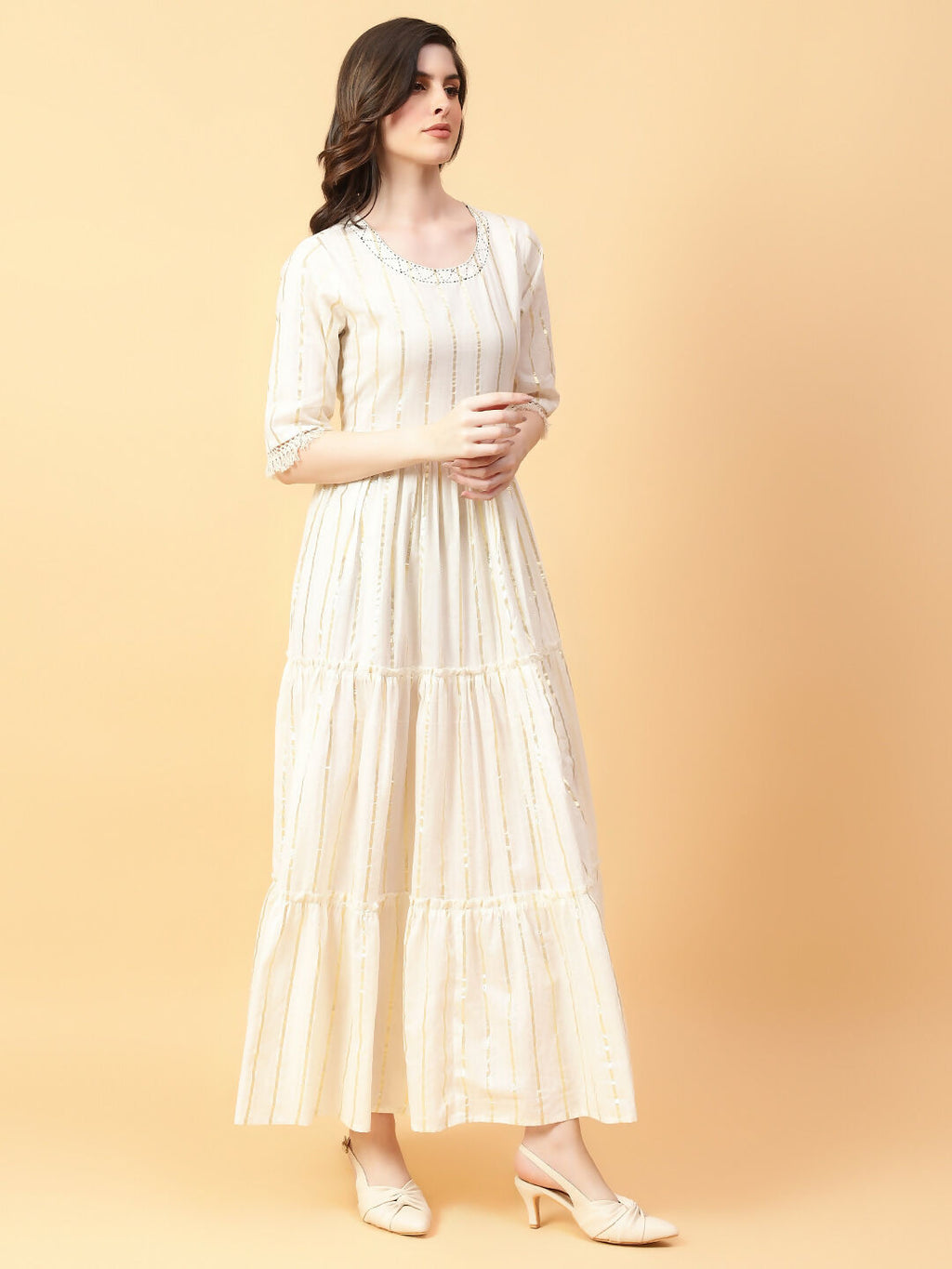 Cream Cotton Lurex Hand Work Dress