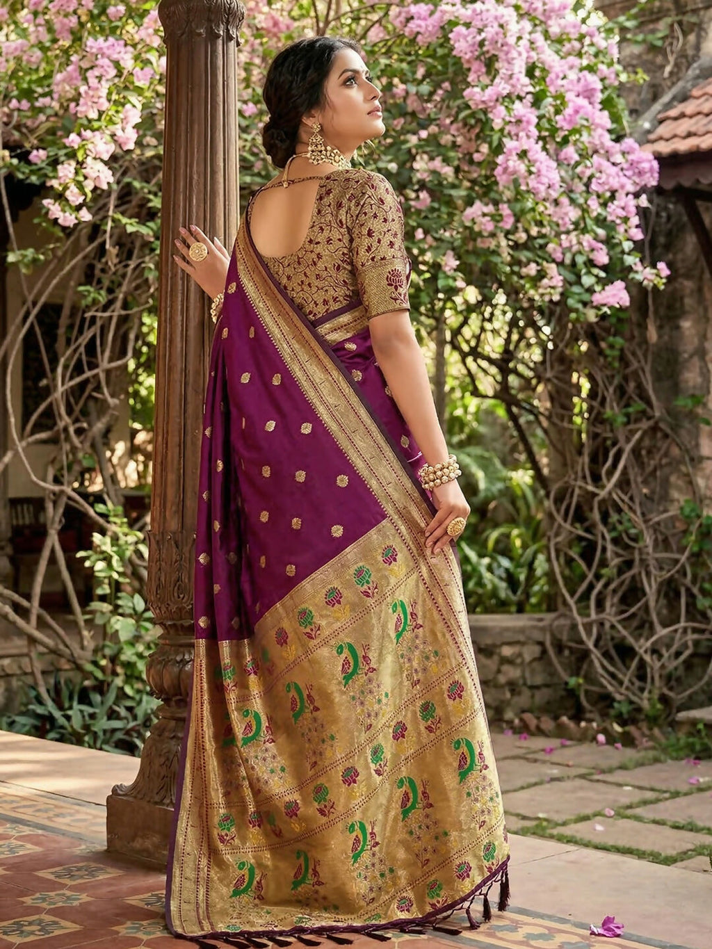Wine Soft Silk Saree with Golden Blouse Piece