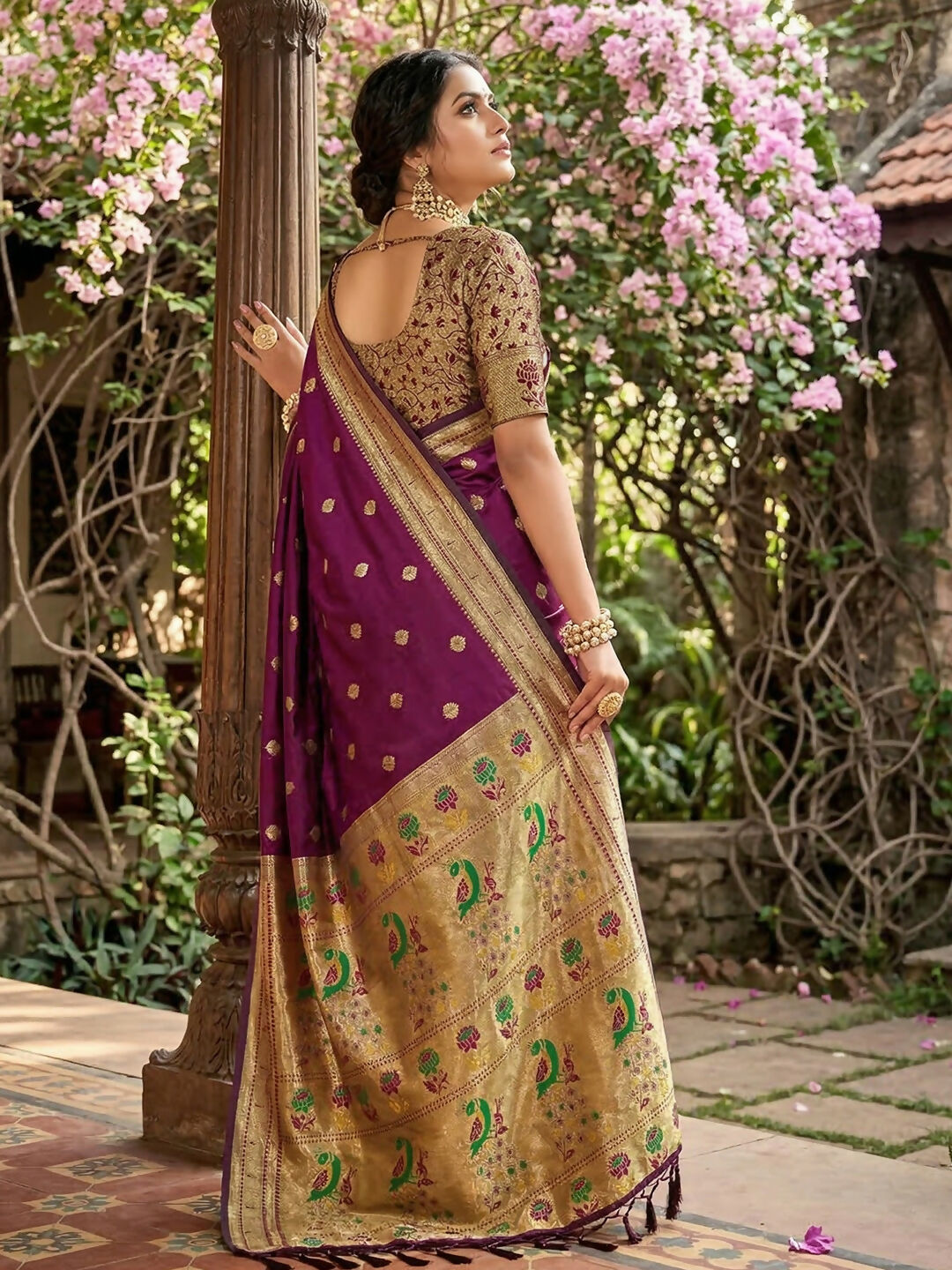 Wine Soft Silk Saree with Golden Blouse Piece