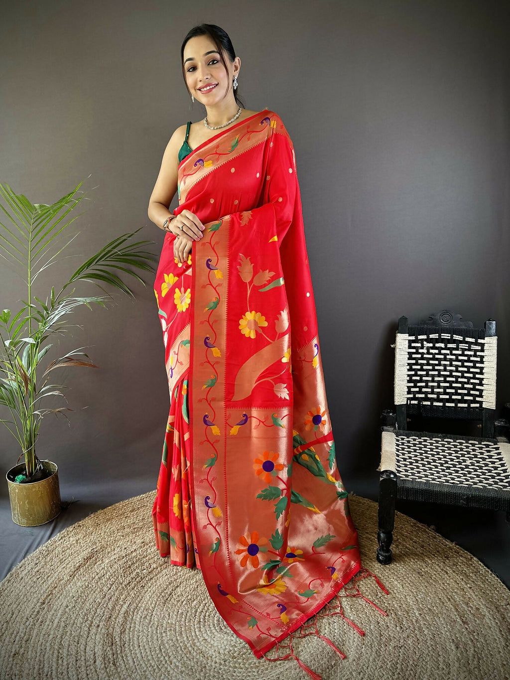 Red soft silk Paithani saree with elegant zari-woven floral details