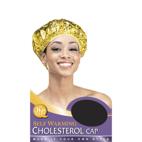 Qfitt self-warming cholesterol cap in metallic gold foil with pull-on design