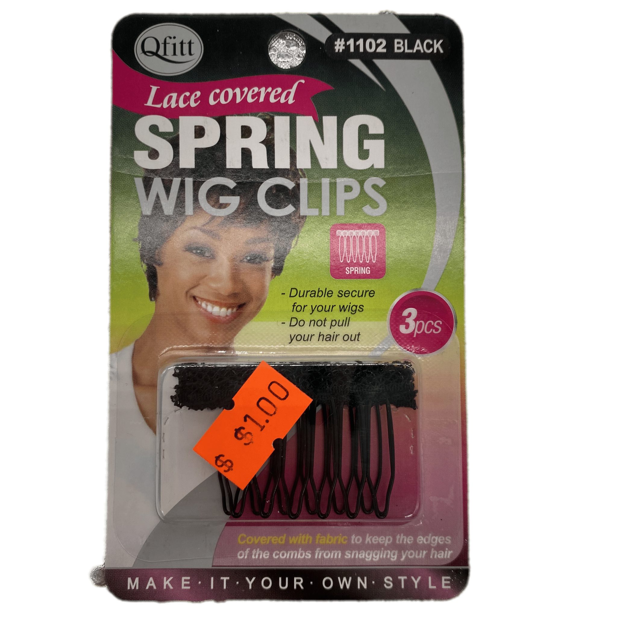 Set of three Qfitt lace covered spring wig clips for secure hairpiece attachment