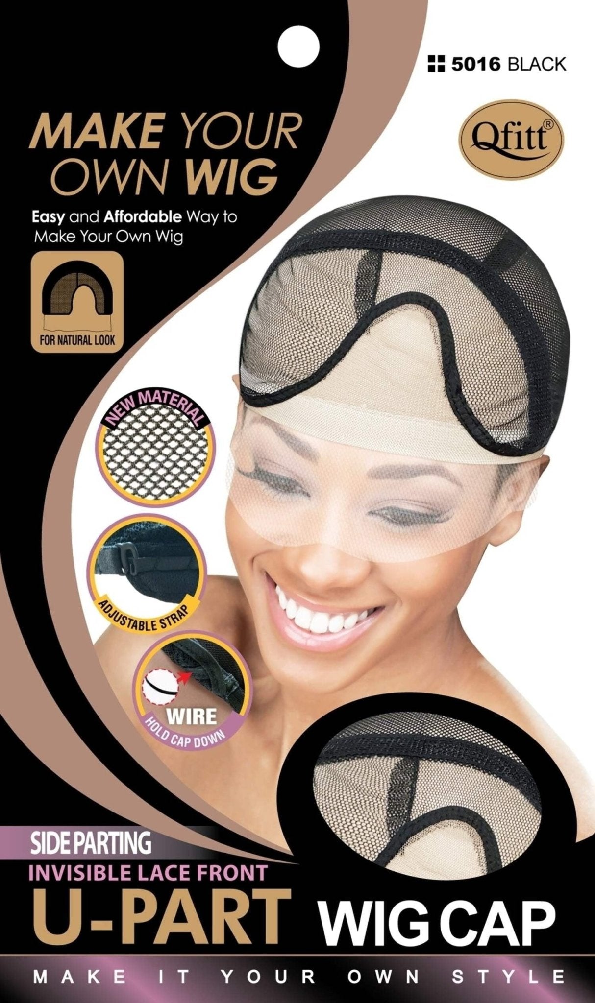 Qfitt Side Parting Invisible Lace Front U-Part Wig Cap in black and nude