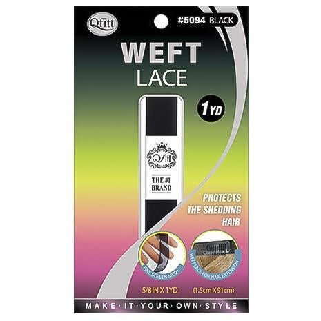 Close up of Qfitt Weft Lace roll for hair extensions in black and beige color options.