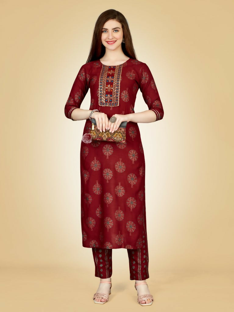 Women's Maroon Embroidered Viscose Rayon straight kurta pant set