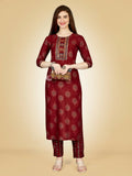 Women's Maroon Embroidered Viscose Rayon straight kurta pant set