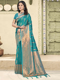 Light sky blue silk saree paired with a matching blouse piece.