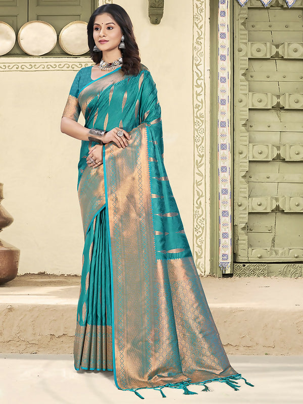 Light sky blue silk saree paired with a matching blouse piece.