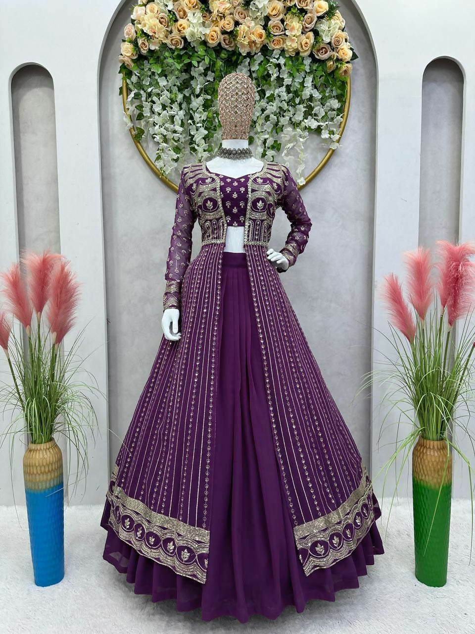 Wine faux georgette lehenga choli with sequins embroidery and matching shrug