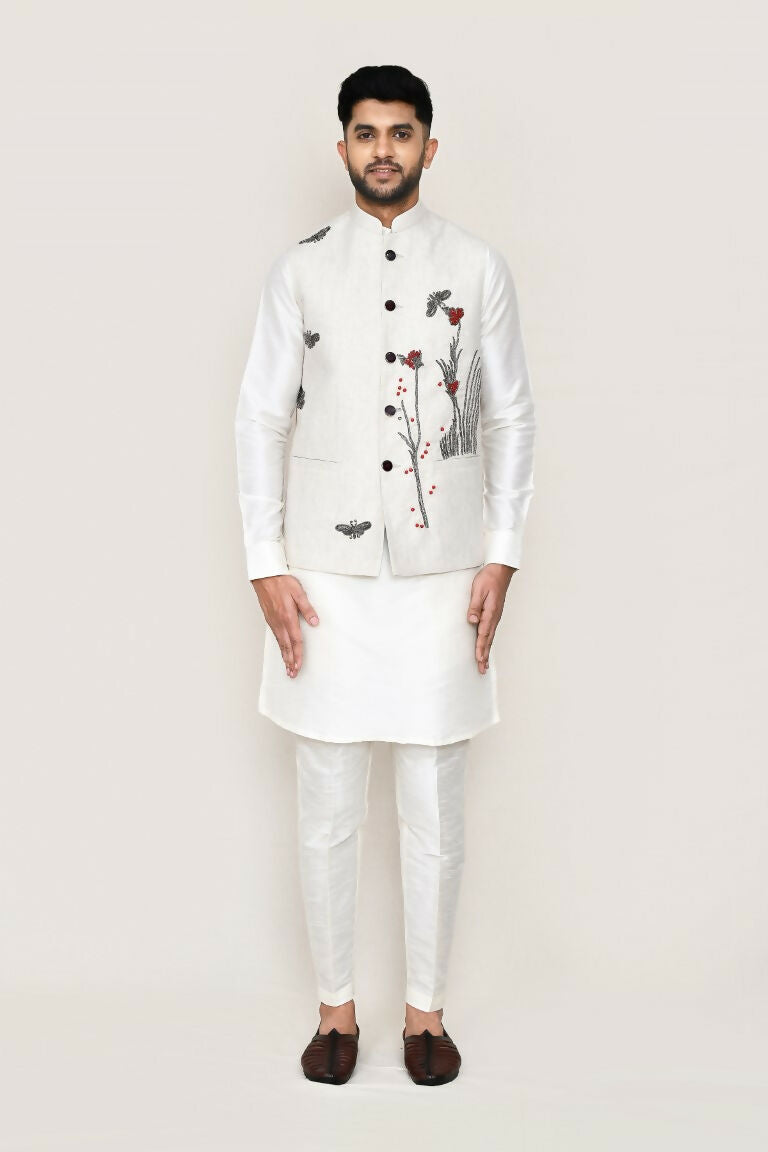White Art Silk Kurta Set with Matching Jacket and Straight Pants