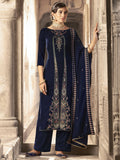 Navy Blue velvet straight kurta set with floral Resham thread and Jari embroidery, including trousers and dupatta.