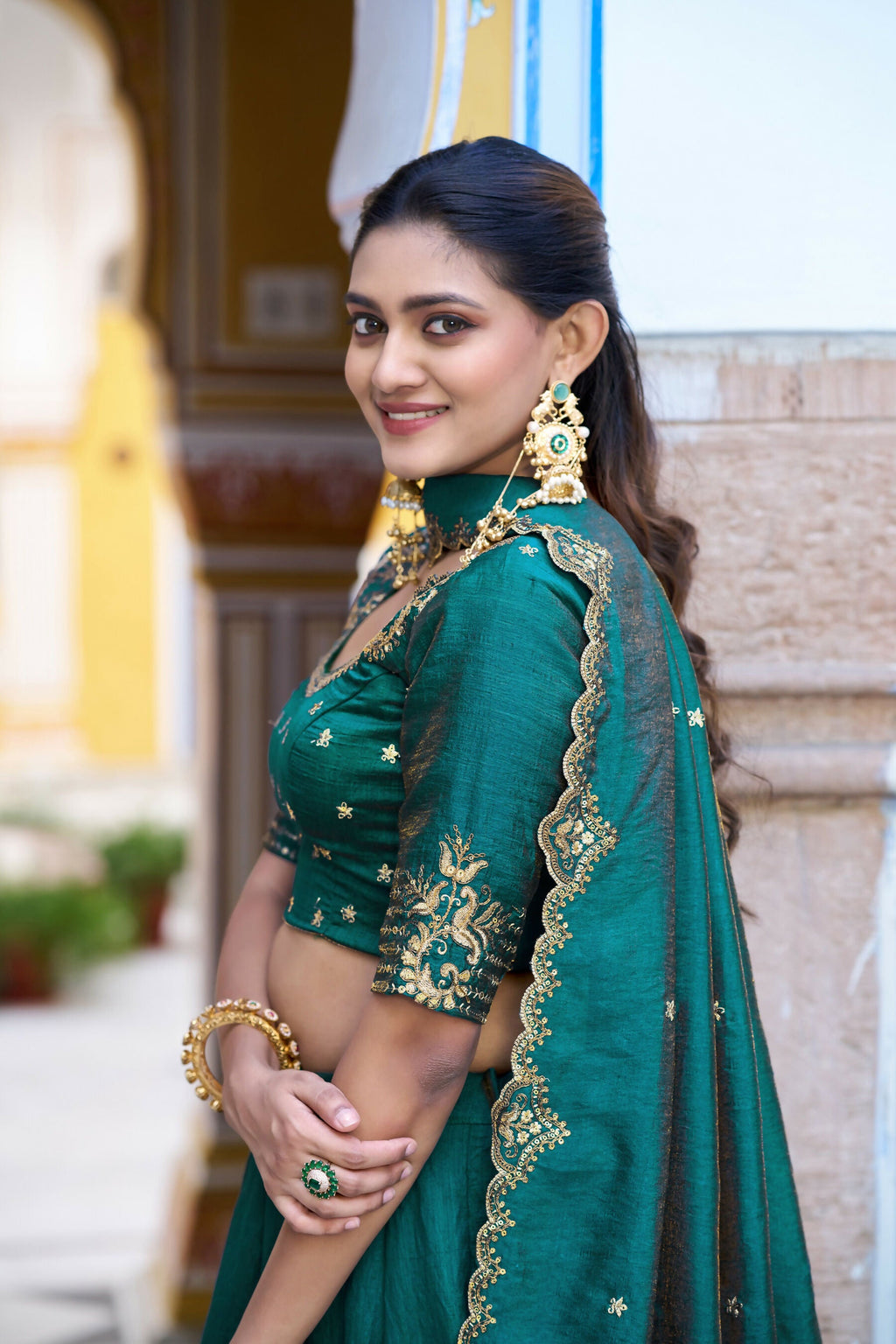 Teal NC Silk Lehenga with Embroidery Work Choli