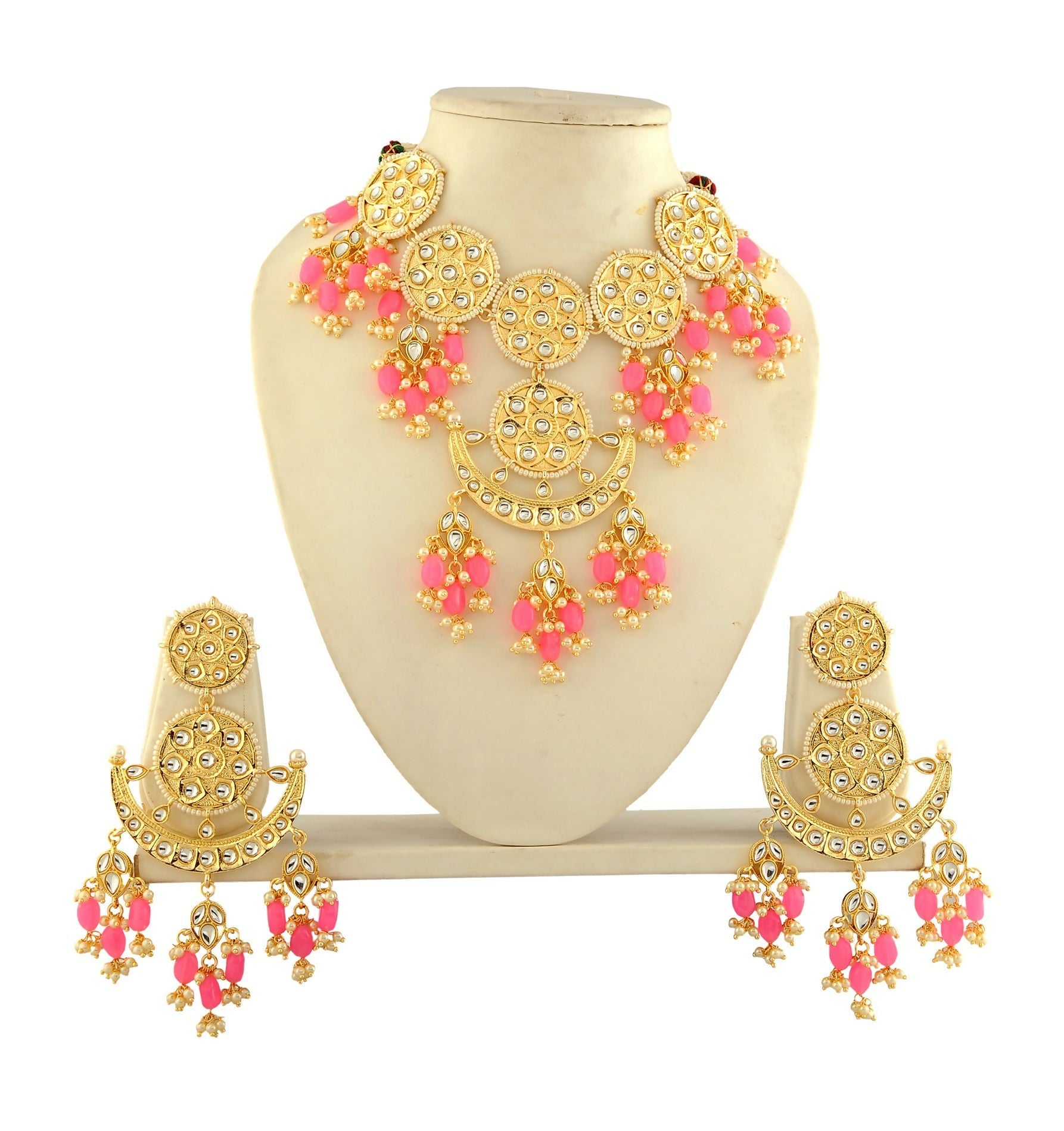 Kundan pearl and pink onyx necklace set with golden finish for ethnic bridal wear