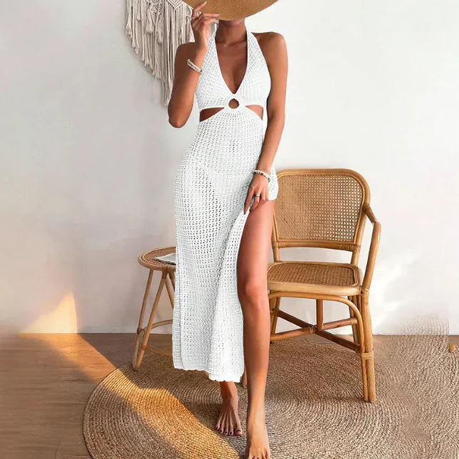 Women's Crochet Halter Maxi Beach Cover Up Dress with Side Slit - Image 7