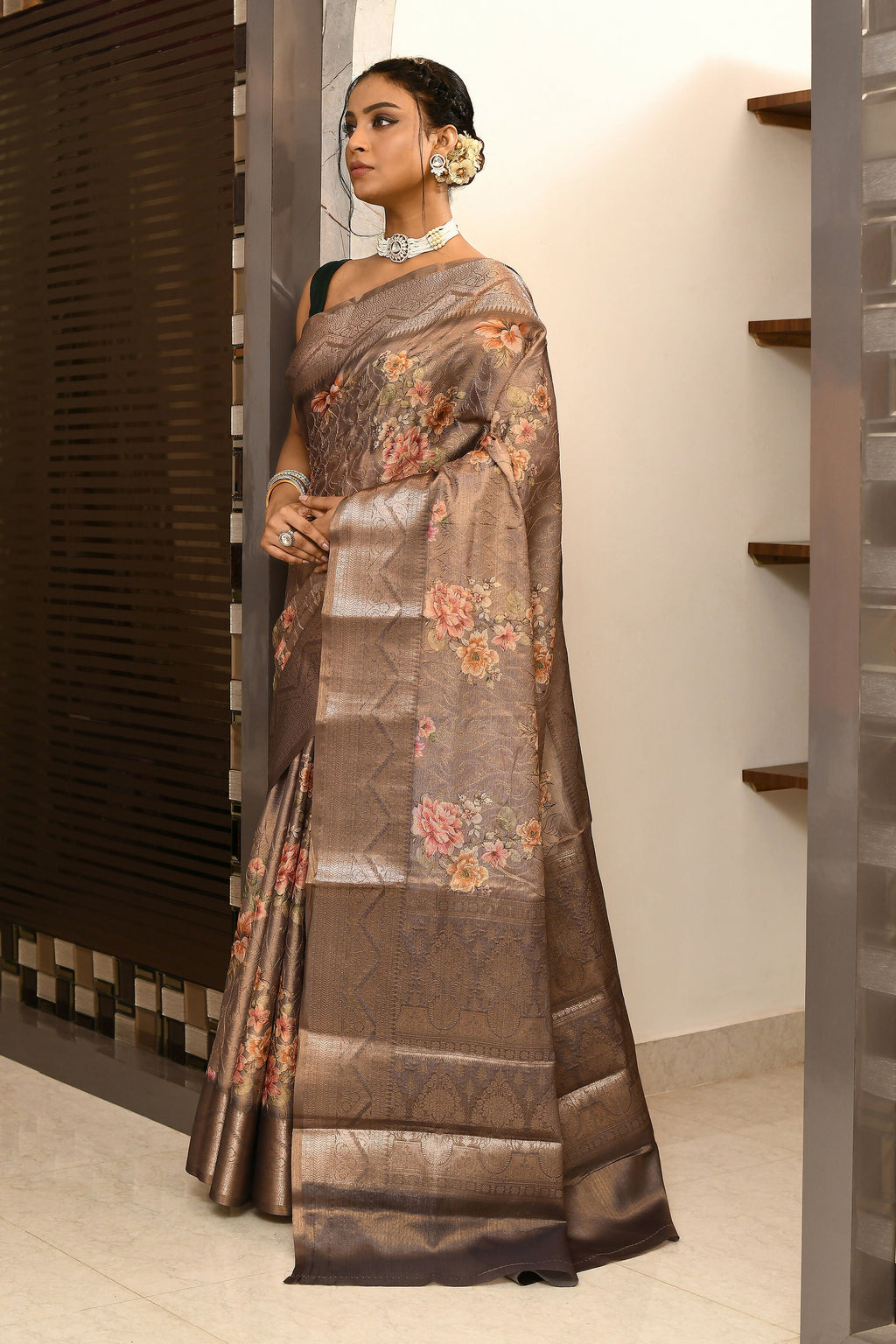 Joban Fashion Cofee Brown Saree Tissue Digital With Embroidery