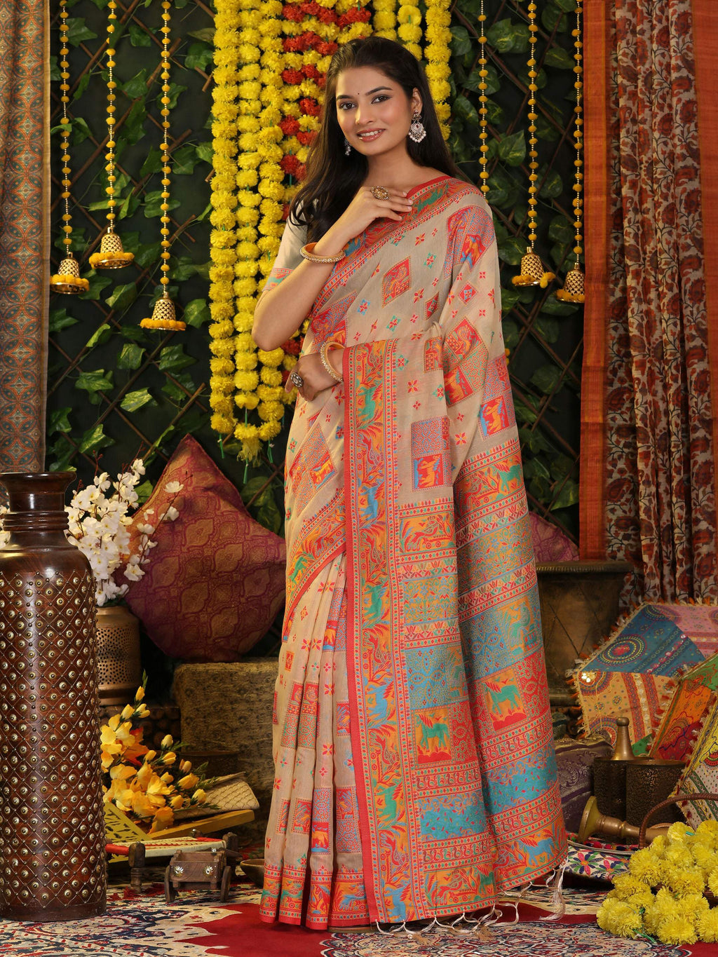 Off White Linen Cotton Saree with Matching Blouse Piece