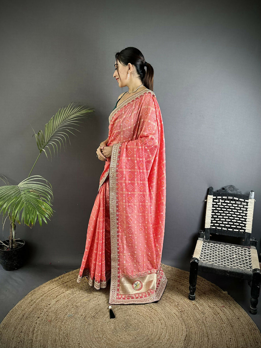 Baby Pink Bandhej Bandhani Vichitra Silk Saree for Little Ones