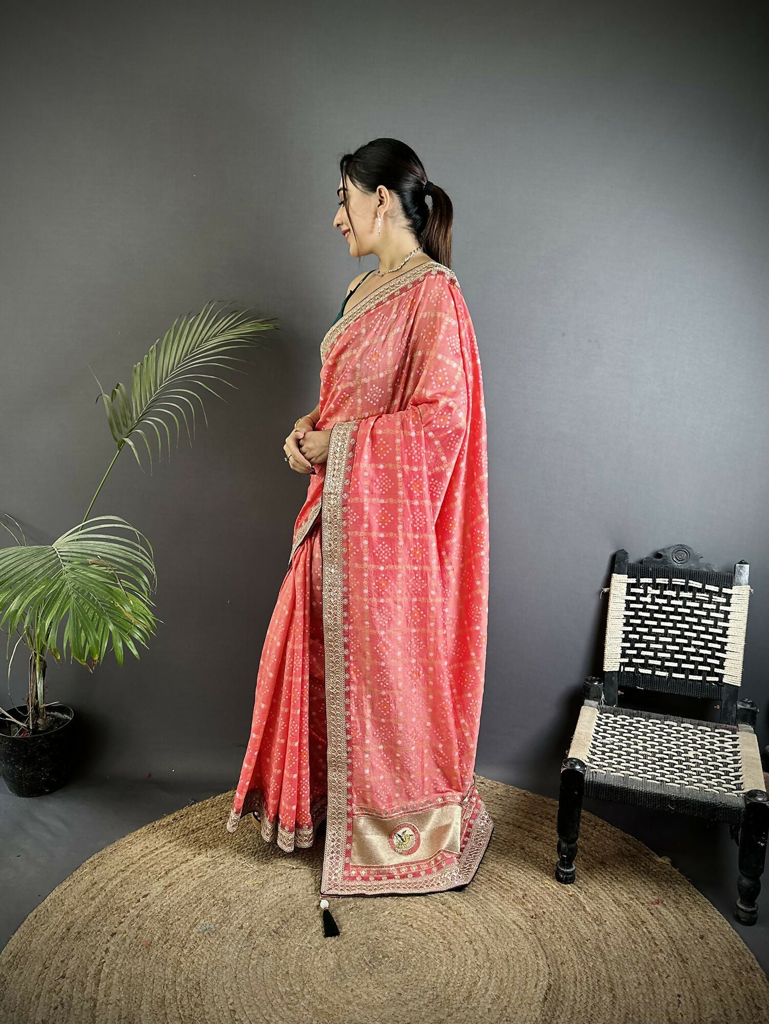 Baby Pink Bandhej Bandhani Vichitra Silk Saree for Little Ones