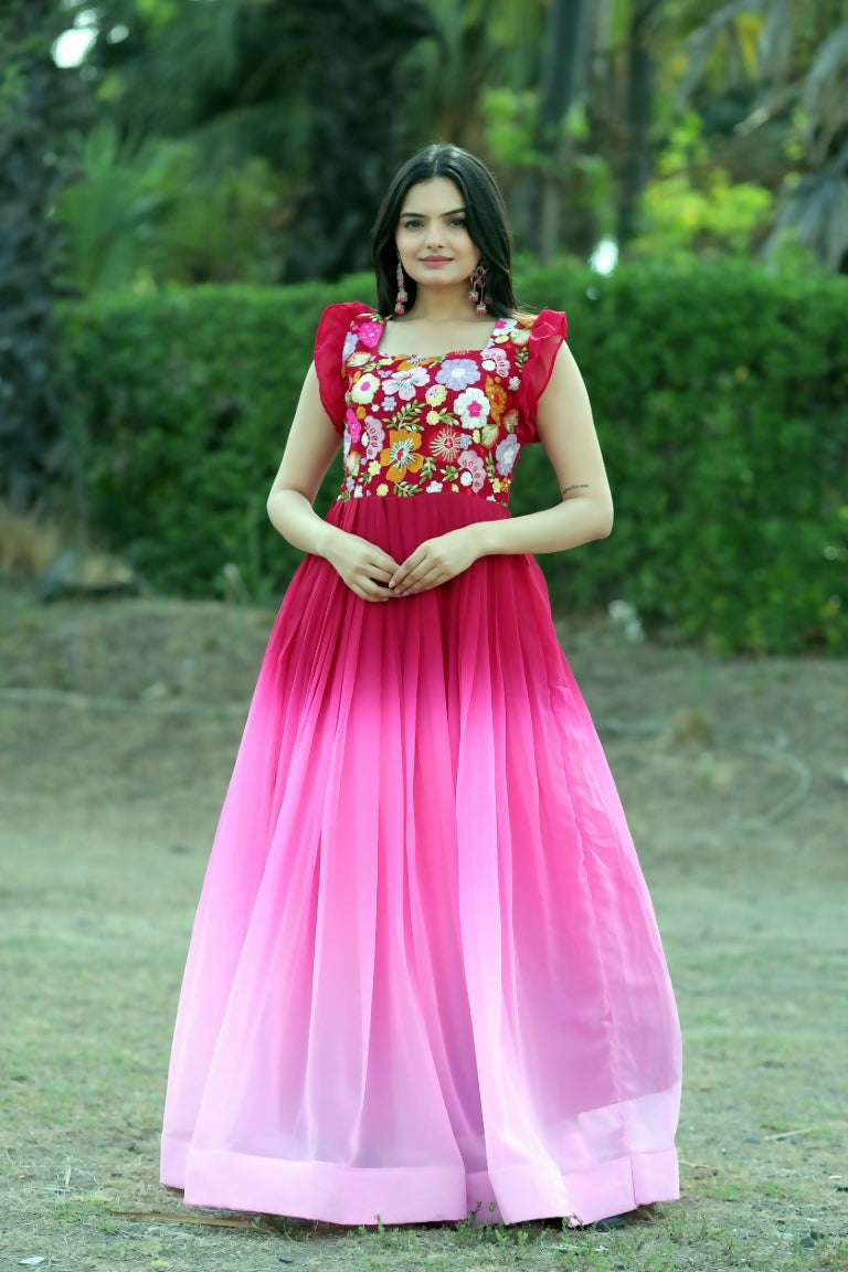 Pink Anarkali dress with elegant sequin embroidery and floor-length hem