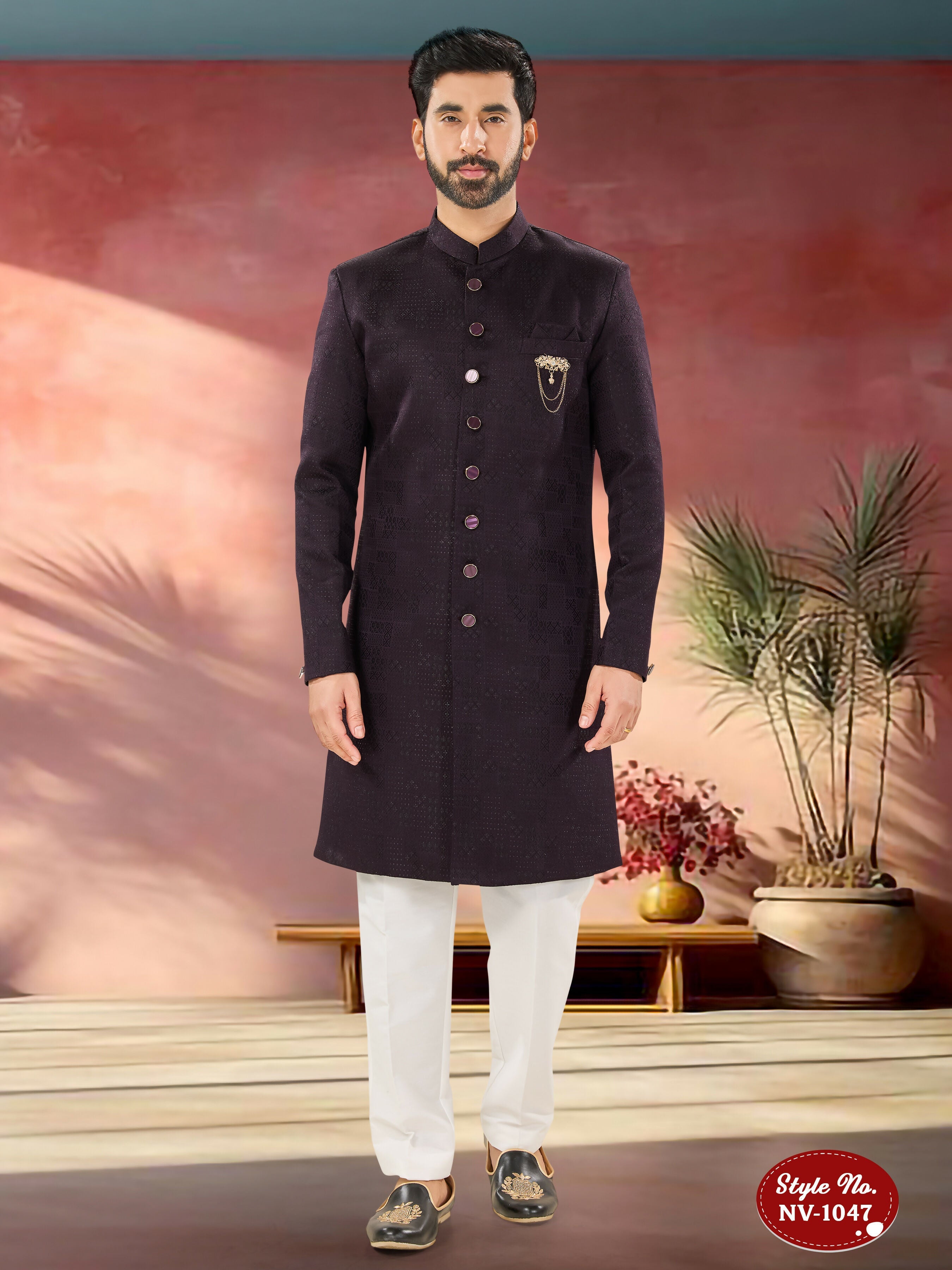 Men wearing a purple straight Indo-Western kurta set with self-design pattern