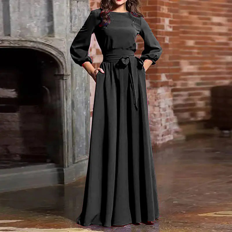 Women's Round Neck Long Sleeve Maxi Dress with Waist Tie - Image 5
