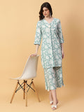 Green cotton printed co-ord set with artisan hand-work detailing