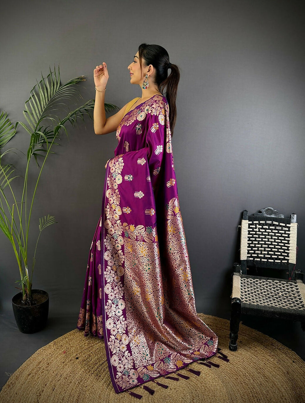 Meenakari Magenta Woven Soft Silk Saree with Matching Blouse